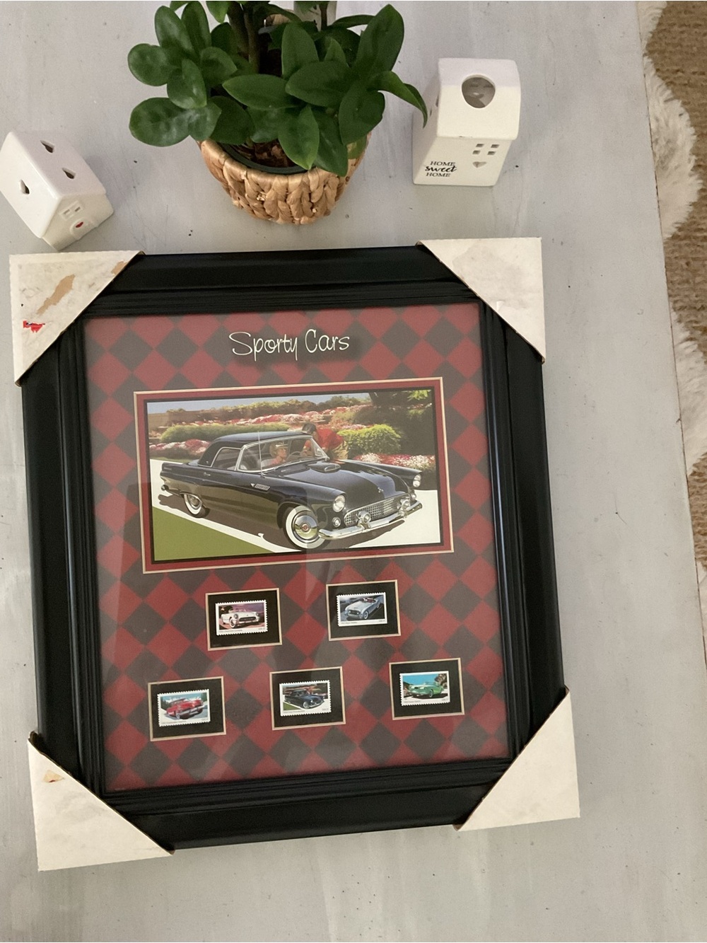 Sporty Cars Framed Wall Art - Black Frame, Red Plaid Mat